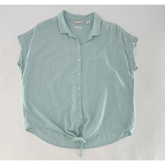 Weatherproof Linen Blend Tie Waist Button Front Blouse Sz L Beach Coastal Preppy - Picture 3 of 8